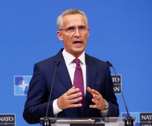 epa10240953 NATO Secretary General Jens Stoltenberg gives a press conference at the end of the second day of a NATO Council Defense Ministers at the Alliance headquarters in Brussels, Belgium, 13 October 2022.  EPA/STEPHANIE LECOCQ