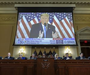 epa10241278 A video of former US President Donald Trump is played during a hearing by the House Select Committee to Investigate the January 6th Attack on the US Capitol in the Cannon House Office Building in Washington, DC, USA, 13 October 2022. The bipartisan committee, in possibly its final hearing, has been gathering evidence for almost a year related to the January 6th attack at the US Capitol. On 06 January 2021, supporters of former President Donald Trump attacked the US Capitol Building during an attempt to disrupt a congressional vote to confirm the electoral college win for President Joe Biden. The committee has now held nine public hearings.  EPA/Alex Wong / POOL