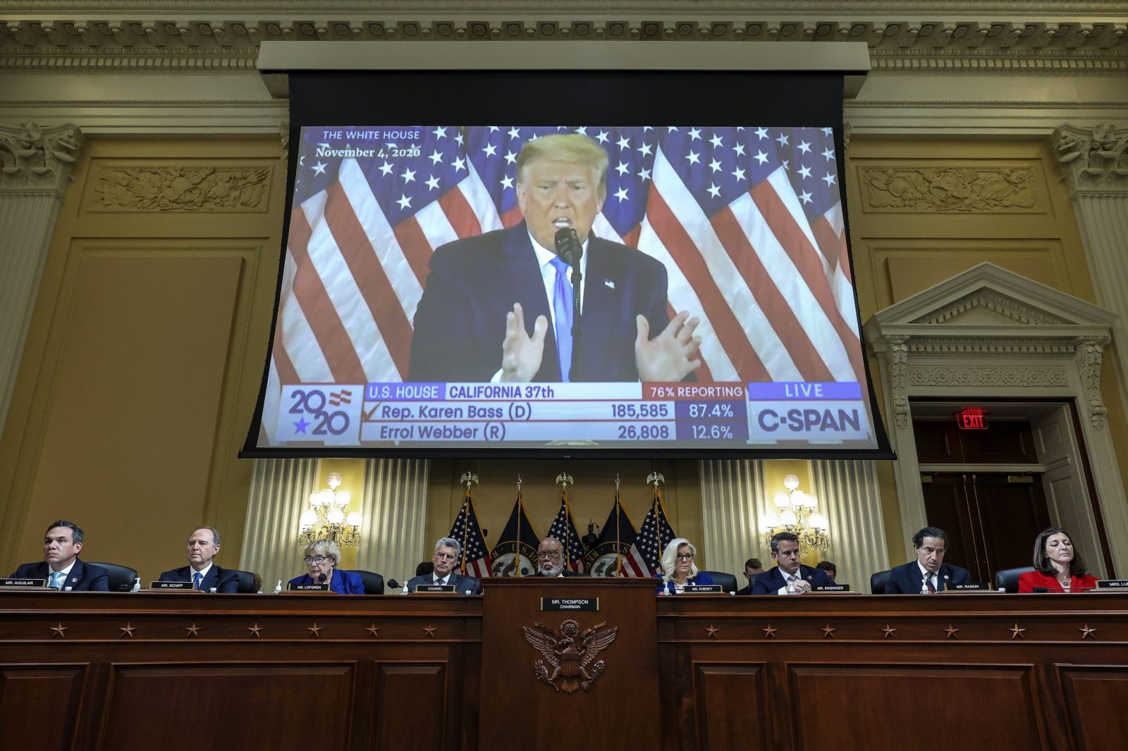 epa10241278 A video of former US President Donald Trump is played during a hearing by the House Select Committee to Investigate the January 6th Attack on the US Capitol in the Cannon House Office Building in Washington, DC, USA, 13 October 2022. The bipartisan committee, in possibly its final hearing, has been gathering evidence for almost a year related to the January 6th attack at the US Capitol. On 06 January 2021, supporters of former President Donald Trump attacked the US Capitol Building during an attempt to disrupt a congressional vote to confirm the electoral college win for President Joe Biden. The committee has now held nine public hearings.  EPA/Alex Wong / POOL