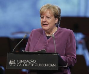 epa10241776 President of the Jury of the Gulbenkian Prize for Humanity, Angela Merkel, delivering her speech at the cerimony of the atribution of the prize of the institution, Lisbon, Portugal, 13 October 2022.  EPA/TIAGO PETINGA