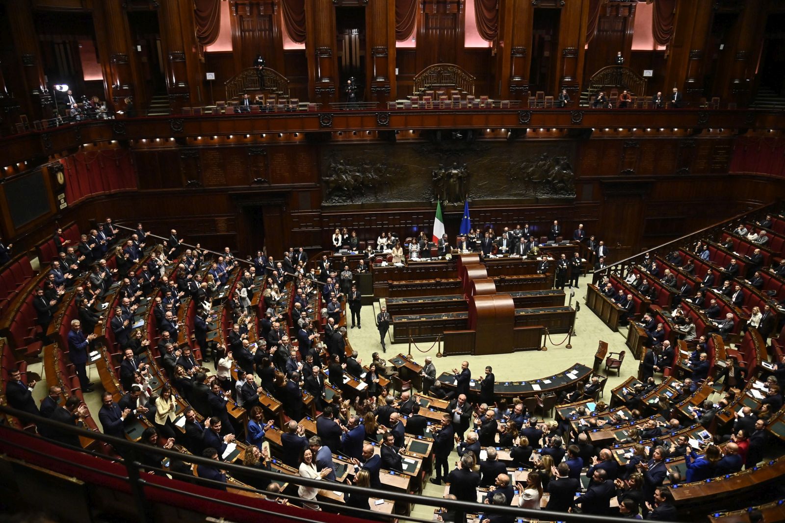 epa10242952 Deputies of centre-right parties celebrate the election of Lega Nord MP Lorenzo Fontana as Speaker of the Italian Chamber of Deputies in Rome, Italy, 14 October 2022.  EPA/RICCARDO ANTIMIANI