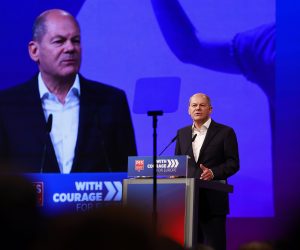 epa10245018 German Chancellor Olaf Scholz delivers a speech at the congress of the Party of European Socialists (PES) 'With Courage. For Europe' in Berlin, Germany, 15 October 2022. PES leaders will discuss policies to address deep shifts in the international security and multilateral balance, soaring energy prices and inflation, the covid-19 crisis, climate change and social challenges.  EPA/HANNIBAL HANSCHKE