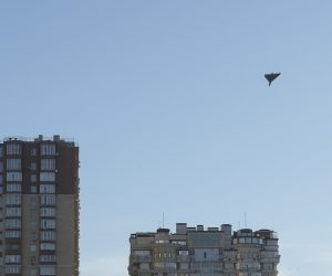 epa10248580 A drone flies over Kyiv during an attack, Ukraine, 17 October 2022, amid the Russian invasion. At least two civilian people were killed as Deputy Head of the Office of the President of Ukraine Kyrylo Tymoshenko said. Several residential buildings were damaged as a result of attacks by 'kamikaze drones' targeting the Ukrainian capital, Kyiv Mayor Vitali Klitschko said on telegram. Russian troops on 24 February entered Ukrainian territory, starting a conflict that has provoked destruction and a humanitarian crisis.  EPA/SERGEY SHESTAK