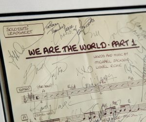 epa10249652 Kenny Rogers 'We Are The World' signed soloist leadsheets are displayed during an auction preview titled 'Property from the Estate of Kenny Rogers' at Julien's Auctions Beverly Hills, in Beverly Hills California, USA, 17 October 2022. The auction will take place at Julien's Auctions Beverly Hills and online from 21 to 22 October 2022.  EPA/CAROLINE BREHMAN