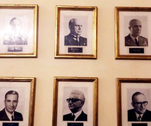 epa10251118 An undated handout photo made available by the Chigi Palace press office shows portraits, including one of fascist dictator Benito Mussolini (top C), up a wall at the Italian industry minstry in Rome, Italy (issued 18 October 2022). A photo of Fascist dictator Benito Mussolini was removed form the industry ministry on 18 October after it was put on show along with all the other predecessors of outgoing industry minister Giorgetti for the 90th anniversary of the building. The ministry said the photo would be removed "to avert polemics and instrumentalizations". Giorgetti had previously pointed out that a photo of the dictator is in the premier's office too. "No one has noticed that (Mussolini's photo) is also in Palazzo Chigi, not only at the industry ministry," had said Giorgetti, who is tipped to take the key economy minister's portfolio in Georgia Meloni's likely new cabinet. Asked why the dictator's photo had been put up in his ministry now, Giorgetti replied that Mussolini had been the first corporations minister and that the photos of all the industry ministers in Italian history had been put on display to mark the 90th anniversary of the building, Palazzo Piacentini. "But if there's a problem we will remove it," said the League party bigwig.  EPA/CHIGI PALACE PRESS OFFICE HANDOUT  HANDOUT EDITORIAL USE ONLY/NO SALES