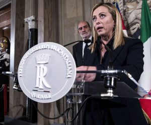 epa10257406 Italian designated prime minister Giorgia Meloni addresses the media after a meeting with Italian President Mattarella at the Quirinale Palace on new government formation, in Rome, Italy, 21 October 2022. Brothers of Italy (FdI) leader Meloni will be sworn in as premier on 22 October, when her ministers will also be sworn in, after she accepted a mandate from President Mattarella to form a new government.  EPA/ANGELO CARCONI