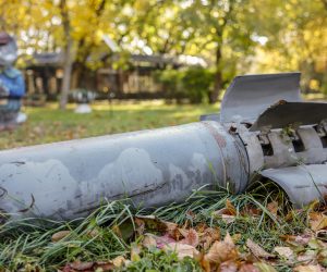 epa10263026 A piece of a missile is seen lying in the ground at the zoo in Mykolaiv, Ukraine, 24 October 2022. Nine rockets hit the area of the zoo at the beginning of the war. Now the zoo opens only at weekends. Russian troops on 24 February entered Ukrainian territory, starting a conflict that has provoked destruction and a humanitarian crisis.  EPA/HANNIBAL HANSCHKE