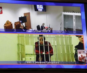 epa10264373 A screen shows two-time Olympic gold medalist and WNBA player Brittney Griner during a hearing of her appeal on vedict at the Moscow Regional Court in Krasnogorsk outside Moscow, Russia, 25 October 2022. Griner, a World Champion player of the WNBA's Phoenix Mercury team was arrested in February 2022 at Moscow's Sheremetyevo Airport after some hash oil was detected and found in her luggage. In August Griner was found guilty on charges of drug smuggling and was sentenced to nine years in prison.  EPA/MAXIM SHIPENKOV