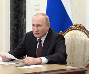 epa10266956 Russian President Vladimir Putin chairs a meeting with the heads of delegations of the Conference of Heads of Security and Intelligence Agencies of the Commonwealth of Independent States (CIS) member countries via a video conference at the Kremlin in Moscow, Russia, 26 October 2022.  EPA/ALEXEI BABUSHKIN / KREMLIN POOL / SPUTNIK / POOL MANDATORY CREDIT