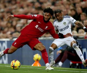 epa10274045 Liverpool's Joe Gomez (L) in action against Leeds' Crysencio Summerville (R) during the English Premier League soccer match between Liverpool FC and Leeds United in Liverpool, Britain, 29 October 2022.  EPA/ADAM VAUGHAN EDITORIAL USE ONLY. No use with unauthorized audio, video, data, fixture lists, club/league logos or 'live' services. Online in-match use limited to 120 images, no video emulation. No use in betting, games or single club/league/player publications