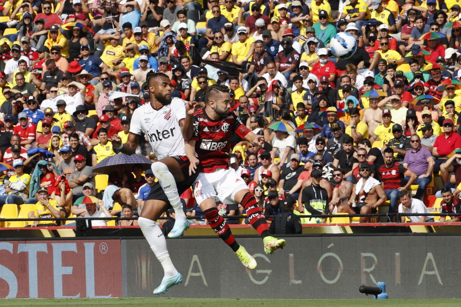 epa10274107 Everton Ribeiro (R) of Flamengo vies for the ball with Vitor Bueno of Paranaense during the Copa Libertadores final soccer match between Flamengo and Athletico Paranaense at Monumental Isidro Romero stadium, in Guayaquil, Ecuador, 29 October 2022.  EPA/Mauricio Duenas Castaneda