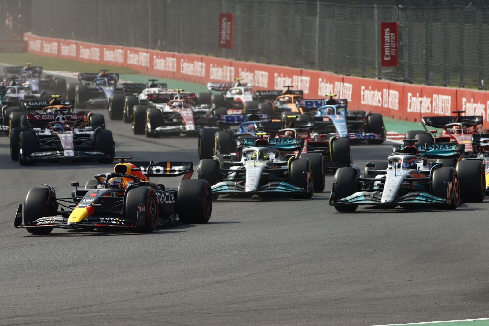 epa10275959 Dutch Formula one driver Max Verstappen (L) of Red Bull Racing in action during the Formula One Grand Prix of Mexico City at the Circuit of Hermanos Rodriguez in Mexico City, Mexico, 30 October 2022. The Formula One Grand Prix of the Mexico City takes place on 30 October 2022 at the Circuit of Hermanos Rodriguez.  EPA/Mario Guzman