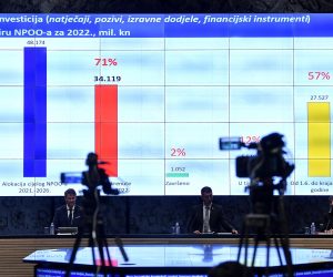 01.07.2022., Zagreb - Ministar gospodarstva i odrzivog razvoja Davor Filipovic predstavio je novi poziv na dodjelu bespovratnih sredstava financiran iz Mehanizma za oporavak i otpornost u sklopu Nacionalnog plana oporavka i otpornosti (NPOO) pod nazivom „Potpora poduzecima za tranziciju na energetski i resursno ucinkovito gospodarstvo“. Uz ministra Filipovica predstavljanju su nazocili posebni savjetnik predsjednika Vlade Republike Hrvatske Zvonimir Savic i drzavna tajnica Ministarstva gospodarstva i odrzivog razvoja Natasa Mikus Zigman.  Photo: Marko Lukunic/PIXSELL