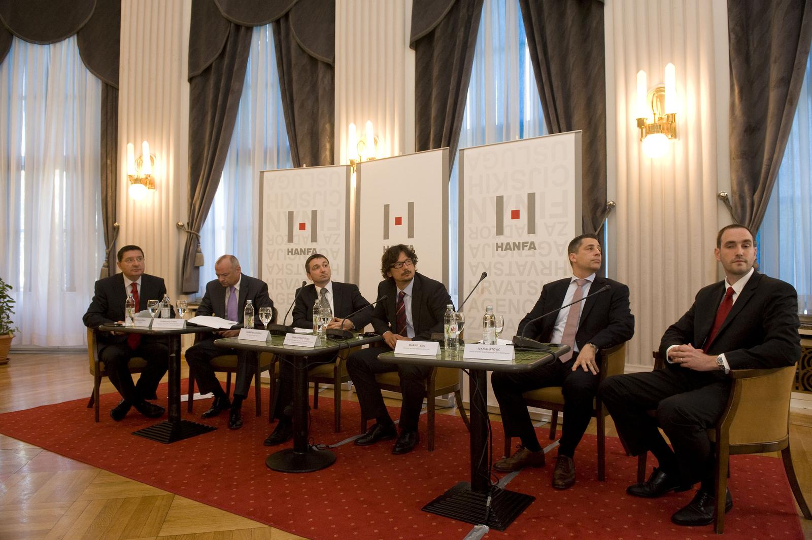 03.07.2014., Zagreb -  U Velikoj dvorani HND-a odrzan je okrugli stol Hrvatske agencije za nadzor financijskih usluga pod nazivom Buducnost ulaganja obveznih mirovinskih fondova. Na okruglom stolu sudjelovali su Drenislav Zekic, Dubravko Stimac, Mario Radakovic, Dinko Novoselec, Marko Lesic, Ivan Kurtovic i Petar Pierre Matek.rPhoto: Davor Visnjic/PIXSELL