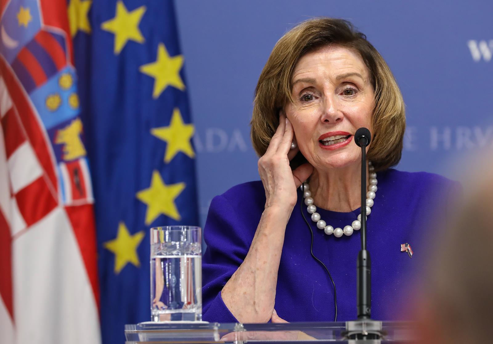 24.10.2022., Zagreb - predsjednica Zastupnickog doma Kongresa SAD-a Nancy Pelosi govorila je na konferenciji za medije nakon sastanka s predsjednikom Vlade RH Andrejom Plenkovicem u Banskim dvorima. Photo: Jurica Galoic/PIXSELL