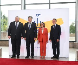 25.10.2022., Zagreb - Dolazak sudionika Prvog parlamentarnog summita Međunarodne krimske platforme u Nacionalnu i sveucilisnu knjiznicu. Nancy Pelosi, Gordan Jandrokovic, Andrej Plenkovic, Ruslan Stefanchuk Photo: Davor Puklavec/PIXSELL