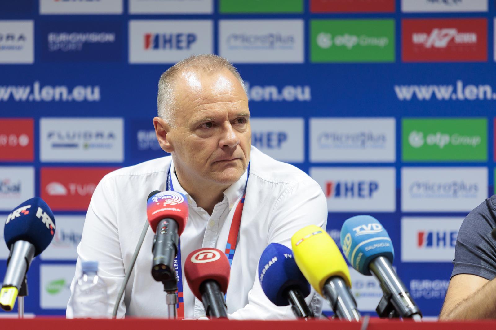 26.08.2022., Split - Konferencija za medije pred pocetak Europskog prvenstva u vaterpolu koje se odrzava u Spaladium Areni.
Milos Mracevic, Renato Zivkovic, Ivica Tucak
 Photo: Miroslav Lelas/PIXSELL