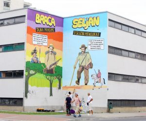 31.08.2020., Karlovac - U karlovackoj gradskoj cetvrti Novi centar nastavili su sa oslikavanjem murala na zgradama. I dok je na jednoj strani zgrade dovrsen mural  Jakova Sasela i Dragutina Lermana autora Leonarda Lesica, mural Braci Seljan na kojem radi Dalibor Juras je u zavrsnoj fazi.rPhoto: Kristina Stedul Fabac/PIXSELL