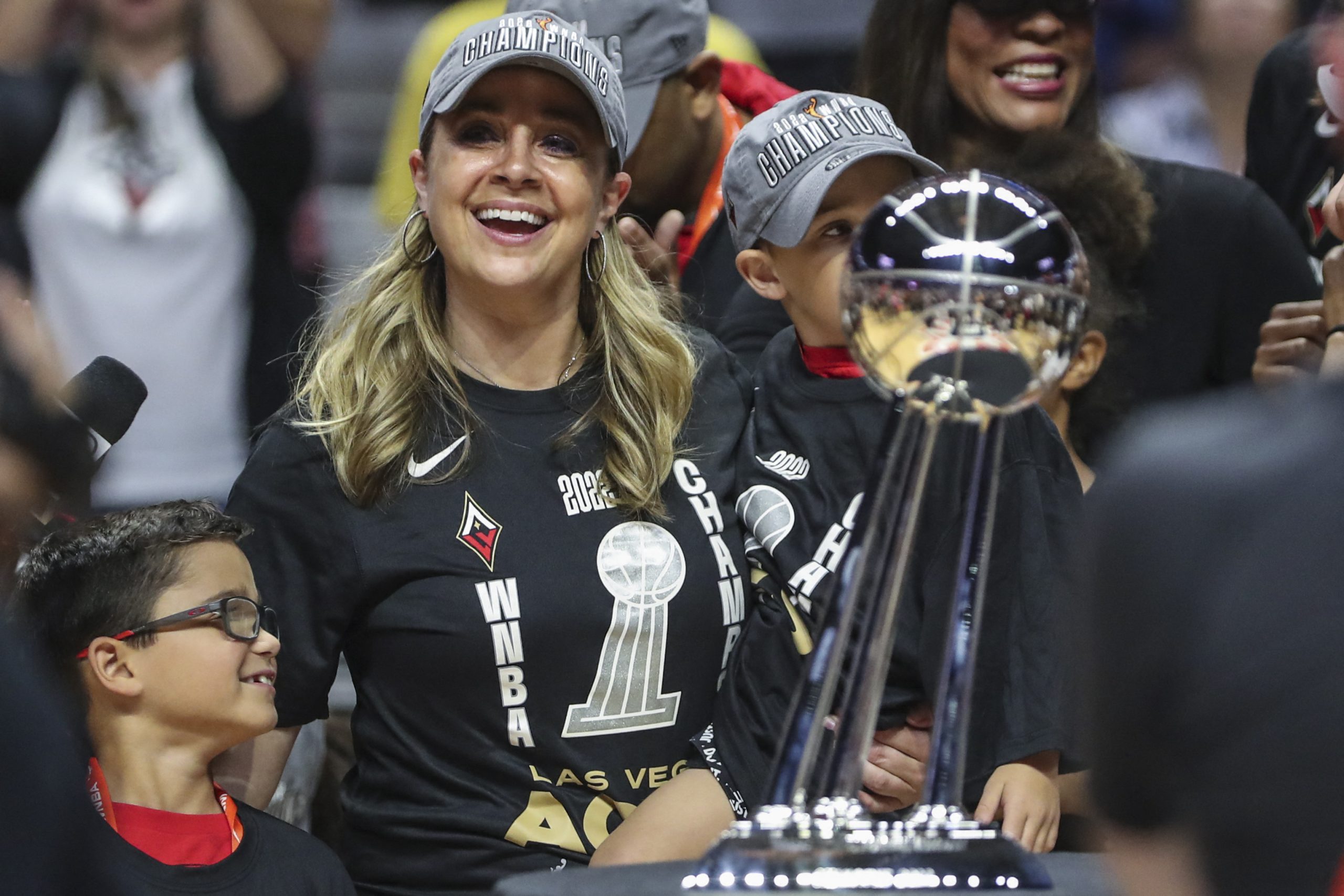 Sep 18, 2022; Uncasville, Connecticut, USA; Las Vegas Aces head coach Becky Hammon celebrates after winning the WNBA Championship in game four of the 2022 WNBA Finals against the Connecticut Sun at Mohegan Sun Arena. Mandatory Credit: Wendell Cruz-USA TODAY Sports Photo: Wendell Cruz/REUTERS