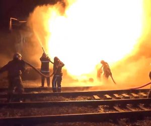 A cargo train in Ilovaisk in the Russian-occupied Donetsk region was hit by a “powerful explosion” Saturday morning. (Press Service of the Ministry of Emergency Situations of the DPR) MS 18684295
