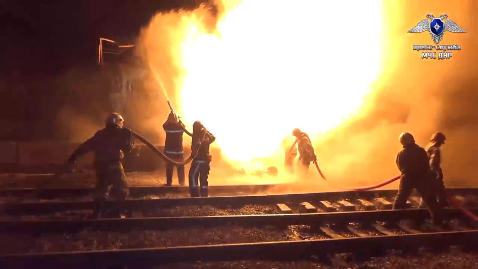 A cargo train in Ilovaisk in the Russian-occupied Donetsk region was hit by a “powerful explosion” Saturday morning. (Press Service of the Ministry of Emergency Situations of the DPR) MS 18684295