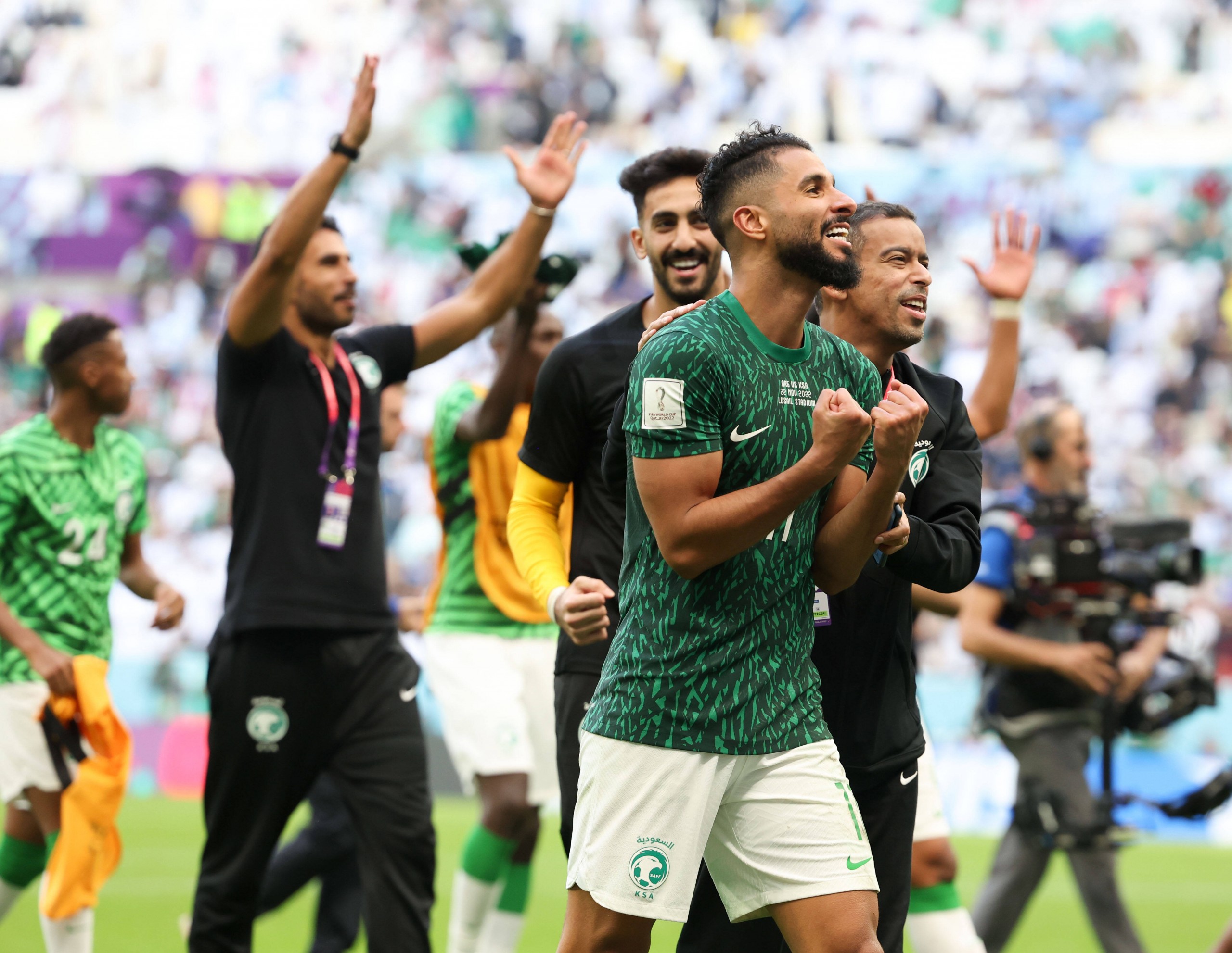 221122 -- LUSAIL, Nov. 22, 2022 -- Saleh Alshehri of Saudi Arabia celebrates after the Group C match between Argentina and Saudi Arabia at the 2022 FIFA World Cup, WM, Weltmeisterschaft, Fussball at Lusail Stadium in Lusail, Qatar, Nov. 22, 2022.  SPQATAR-LUSAIL-2022 WORLD CUP-GROUP C-ARG VS KSA HanxYan PUBLICATIONxNOTxINxCHN