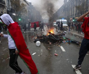 Illustration picture shows incidents during the celebrations of Moroccan supporters and police forces present in the center of Brussels, during a soccer game between Belgium s national team, Nationalteam the Red Devils and Morocco, in Group F of the FIFA 2022 World Cup, on Sunday 27 November 2022. NICOLASxMAETERLINCK PUBLICATIONxNOTxINxBELxFRAxNED x54153232x
