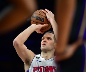 Nov 18, 2022; Los Angeles, California, USA; Detroit Pistons forward Bojan Bogdanovic (44) shoots a free throw against the Los Angeles Lakers during the first half at Crypto.com Arena. Mandatory Credit: Gary A. Vasquez-USA TODAY Sports