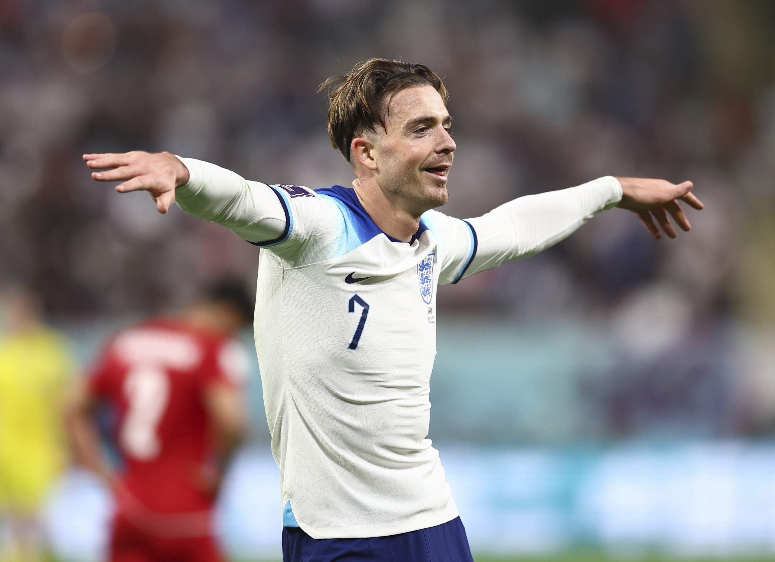 November 21, 2022, Doha, United Kingdom: Doha, Qatar, 21st November 2022. Jack Grealish of England celebrates scoring the sixth goal during the FIFA World Cup match at Khalifa International Stadium, Doha. (Credit Image: © David Klein/CSM via ZUMA Press Wire) (Cal Sport Media via AP Images)