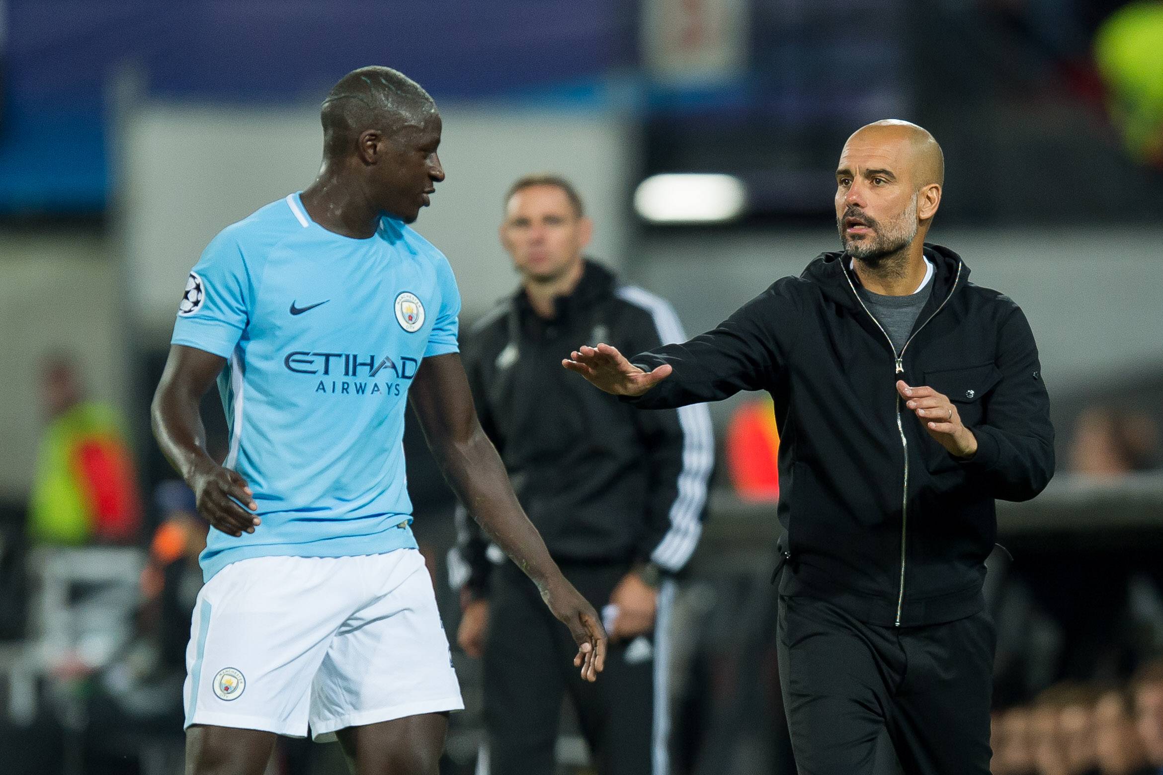 Rotterdam, Netherlands 08.03.2017, UEFA Champions League - 2017/18 Season, Gruppenphase - Gruppe F - 1. Spieltag, Feyenoord Rotterdam - Manchester City, Benjamin Mendy (ManC) und Trainer Pep Guardiola, Josep Guardiola (ManC) ( DeFodi001 *** Rotterdam Netherlands 08 03 2017 UEFA Champions League 2017 18 Season Group stage Group F 1 Matchday Feyenoord Rotterdam Manchester City Benjamin Mendy Mance and team manager Pep Guardiola Josep Guardiola Mance DeFodi001