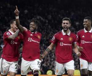 epa10253328 Fred (2-L) of Manchester United celebrates with teammates Antony (L), Bruno Fernandes (2-R) and Marcus Rashford (R) after scoring the 1-0 lead during the English Premier League soccer match between Manchester United and Tottenham Hotspur in Manchester, Britain, 19 October 2022.  EPA/Andrew Yates EDITORIAL USE ONLY. No use with unauthorized audio, video, data, fixture lists, club/league logos or 'live' services. Online in-match use limited to 120 images, no video emulation. No use in betting, games or single club/league/player publications