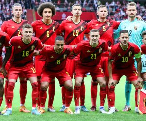 epa10254000 Players of Belgium line up for the UEFA Nations League soccer match between Poland and Belgium in Warsaw, Poland, 14 June 2022. Back from L: Toby Alderweireld, Axel Witsel, Leander Dendoncker, Jan Vertonghen, Simon Mignolet. Front from L: Michy Batshuayi, Thorgan Hazard, Youri Tielemans, Timothy Castagne, Eden Harzard, Dries Mertens.  EPA/Leszek Szymanski POLAND OUT *** Local Caption *** 57748436