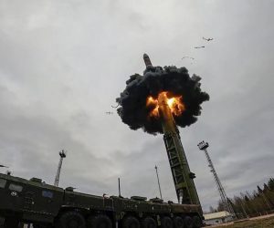 epa10267242 A handout still image taken from a handout video provided by the Russian Defence ministry press-service shows 'Yars' intercontinental ballistic missile launches at Plesetsk Cosmodrome to Kura Test Range during training to test the Russian strategic deterrence forces in Plesetsk, Russia, 26 October 2022. The Russian military held a training session during which they practiced a massive nuclear strike in response to an enemy nuclear attack. Valery Gerasimov, Chief of the General Staff of the Armed Forces of the Russian Federation, said that the Yars missile system of the Strategic Missile Forces, the strategic missile submarine of the Northern Fleet Tula, and two Tu-95MS missile carriers were involved in the training.  EPA/RUSSIAN DEFENCE MINISTRY PRESS SERVICE / HANDOUT  HANDOUT EDITORIAL USE ONLY/NO SALES