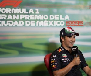 epa10270244 Mexican Formula One driver Sergio Perez of Red Bull Racing, speaks during a press conference as part of the Formula One Grand Prix of the Mexico City in Mexico City, Mexico, 27 October 2022. The Formula One Grand Prix of the Mexico City takes place on 30 October 2022 at the Circuit of Hermanos Rodriguez.  EPA/LUIS LICONA
