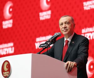 epa10271496 A handout photo made available by the Turkish President’s press office shows Turkish President Recep Tayyip Erdogan speaking during the 'Century of Turkey' meeting in Ankara, Turkey, 28 October 2022.  EPA/TURKISH PRESIDENT PRESS OFFICE HANDOUT  HANDOUT EDITORIAL USE ONLY/NO SALES