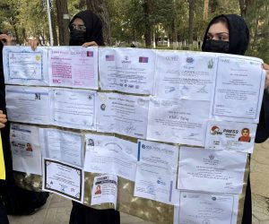 epa10276735 Afghan women hold their educational documents during a protest as they demand the Taliban government to provide them with job opportunities in Kabul, Afghanistan, 31 October 2022. Women who used to perform their duties in various departments and offices in previous government, protested in Kabul demanding better job opportunities for women. The Taliban have banned women from many government jobs and forbidden secondary school education for girls.  EPA/STRINGER 1610