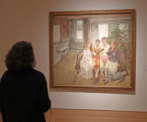 epa10277350 A person views 'Large Interior W11 (after Watteau)' by British artist Lucian Freud, estimated in excess of 75 million USD, during a preview of the sale 'Visionary: The Collection of Paul G. Allen' at Christie's Auction House in New York, New York, USA, 31 October 2022.  EPA/SARAH YENESEL