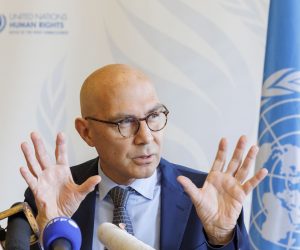 epa10281000 UN High Commissioner for Human Rights Volker Tuerk gives a statement during his first press conference at the Office of the United Nations High Commissioner for Human Rights (OHCHR) Palais Wilson, in Geneva, Switzerland, 02 November 2022.  EPA/SALVATORE DI NOLFI