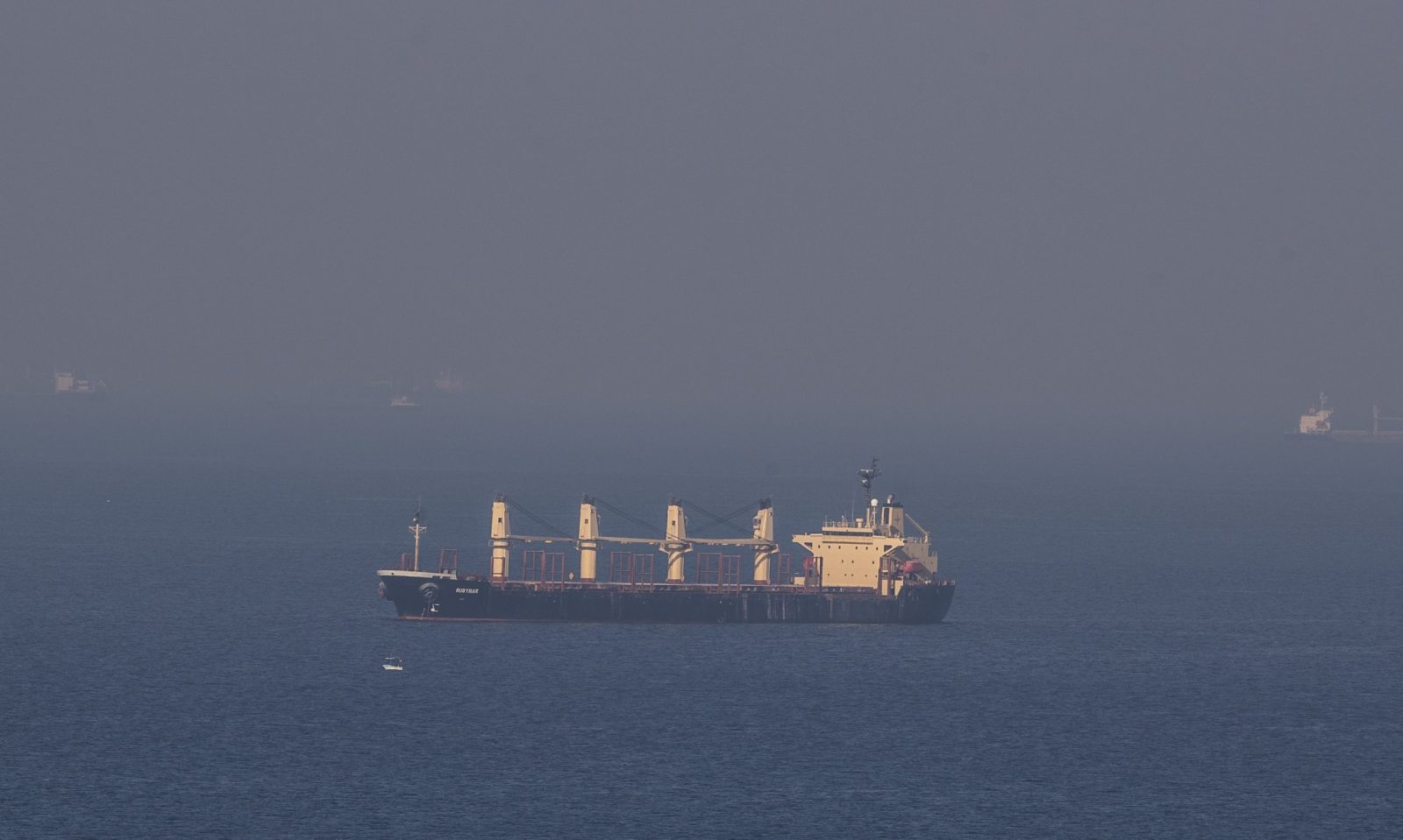 epa10281377 Cargo ship Rubymar, carrying Ukranian grain, at anchor in the Black Sea waiting for passing Bosphorus in Istanbul, Turkey, 02 November 2022. On 02 November Russian Defence Ministry in a statement announced Russia will resume its participation in the grain exports deal, after suspending its participation on 29 October.  EPA/TOLGA BOZOGLU