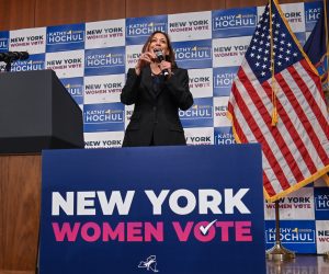 epa10285122 US Vice President Kamala Harris speaks during an event with New York Governor Kathy Hochul at Barnard College, in New York, New York, USA, 03 November 2022.  EPA/Anthony Behar / POOL