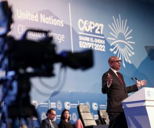 epa10289862 Simon Stiell, the executive secretary of the United Nations Framework Convention on Climate Change speaks during the 2022 United Nations Climate Change Conference (COP27),  in Sharm El-Sheikh, in Egypt, 06 November 2022. The 2022 United Nations Climate Change Conference (COP27), running from 06 till 18 November in Sharm El-Sheikh, is expected to host one of the largest number of participants in the annual global climate conference of over 40,000 estimated attendees including heads of states and governments, civil society, media and other relevant stakeholders. The events will include Climate Implementation Summit, thematic days, flagship initiatives, and Green Zone activities engaging with climate and other global challenges.  EPA/SEDAT SUNA