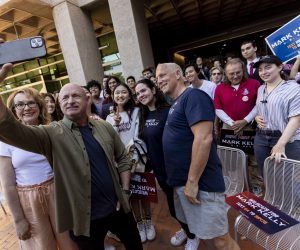 epa10291662 US Democratic Senator for Arizona and Senate candidate Mark Kelly (L) poses with supporters at the University of Arizona, in Tucson, Arizona, USA, 06 November 2022. The US midterm elections are held every four years at the midpoint of each presidential term and this year include elections for all 435 seats in the House of Representatives, 35 of the 100 seats in the Senate and 36 of the 50 state governors as well as numerous other local seats and ballot issues.  EPA/ETIENNE LAURENT