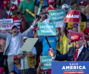 epa10291746 Former US President Donald Trump speaks at a rally in support of Florida Senator Marco Rubio (not pictured) in the midterm elections, in Miami, Florida, USA, 06 November 2022. The US midterm elections are held every four years at the midpoint of each presidential term and this year include elections for all 435 seats in the House of Representatives, 35 of the 100 seats in the Senate and 36 of the 50 state governors as well as numerous other local seats and ballot issues.  EPA/CRISTOBAL HERRERA-ULASHKEVICH