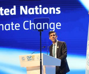epa10292563 British Prime Minister Rishi Sunak speaks  during the 2022 United Nations Climate Change Conference (COP27),  in Sharm El-Sheikh, Egypt, 07 November 2022. The 2022 United Nations Climate Change Conference (COP27), runs from 06-18 November, and is expected to host one of the largest number of participants in the annual global climate conference as over 40,000 estimated attendees, including heads of states and governments, civil society, media and other relevant stakeholders will attend. The events will include a Climate Implementation Summit, thematic days, flagship initiatives, and Green Zone activities engaging with climate and other global challenges.  EPA/SEDAT SUNA