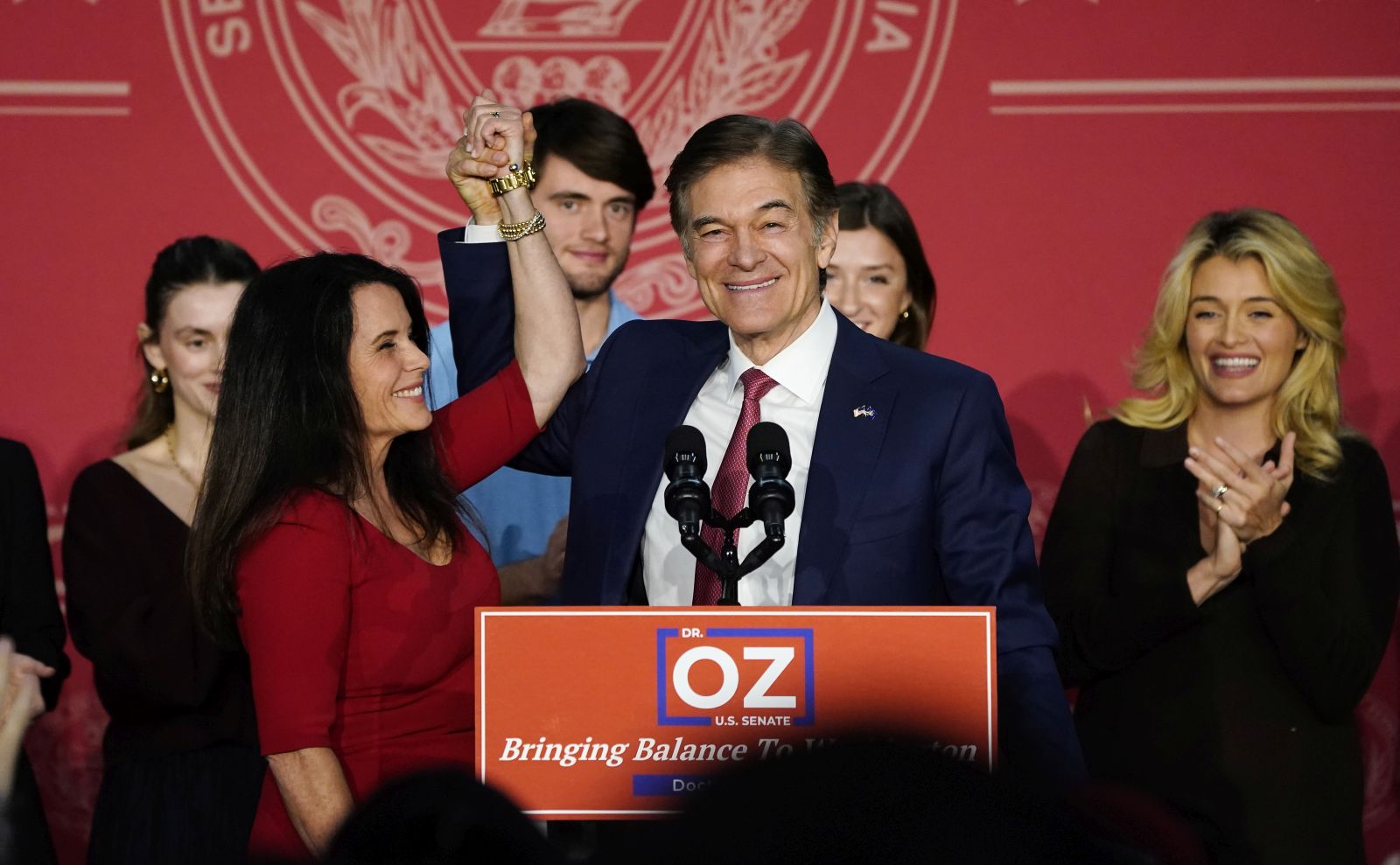 epa10295171 Republican Senate candidate in Pennsylvania Dr. Mehmet Oz delivers remarks at his election night party in Newtown, Pennsylvania, USA, 08 November 2022. The US midterm elections are held every four years at the midpoint of each presidential term and this year include elections for all 435 seats in the House of Representatives, 35 of the 100 seats in the Senate and 36 of the 50 state governors as well as numerous other local seats and ballot issues.  EPA/SHAWN THEW