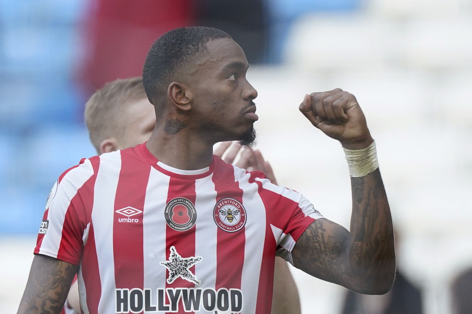 epa10301732 Ivan Toney of Brentford reacts after the English Premier League soccer match between Manchester City and Brentford FC in Manchester, Britain, 12 November 2022.  EPA/Tim Keeton EDITORIAL USE ONLY. No use with unauthorized audio, video, data, fixture lists, club/league logos or 'live' services. Online in-match use limited to 120 images, no video emulation. No use in betting, games or single club/league/player publications