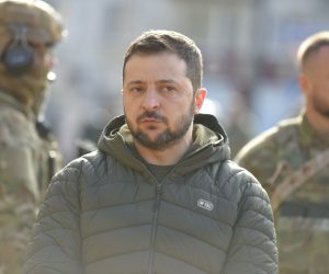 epa10305075 Ukrainian President Volodymyr Zelensky speaks to the press during a visit to the recaptured city of Kherson, Ukraine, 14 November 2022. Ukrainian troops entered Kherson on 11 November after Russian troops had withdrawn from the city. Kherson was captured in the early stage of the conflict, shortly after Russian troops had entered Ukraine in February 2022.  EPA/OLEG PETRASYUK