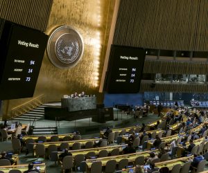 epa10305831 Screens in the United Nations General Assembly hall show voting results during a meeting on Russia's invasion of Ukraine at United Nations Headquarters in New York, New York, USA, 14 November 2022. The General Assembly voted on, and adopted, a non-binding resolution calling on Russia to be responsible for reparations for damages caused by the military invasion of Ukraine.  EPA/JUSTIN LANE