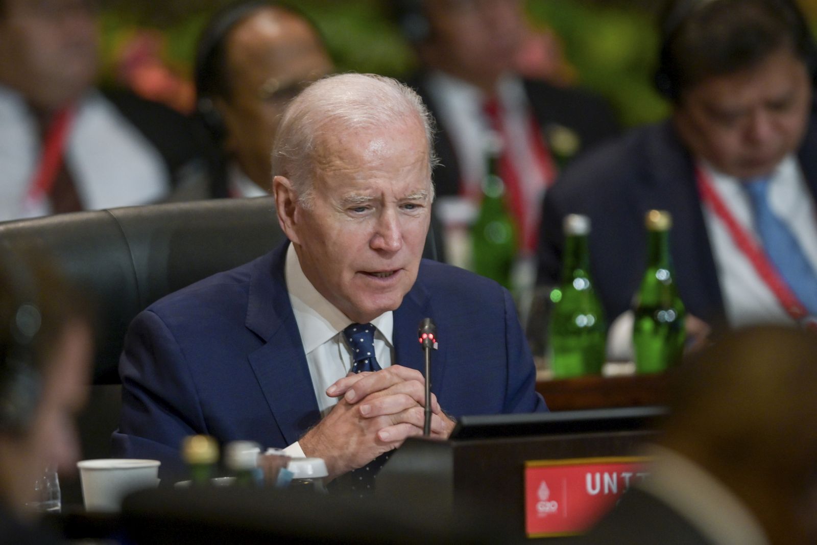 epa10306380 US President Joe Biden attends a working session on energy and food security during the G20 Leaders Summit in Bali, Indonesia, 15 November 2022. The 17th Group of Twenty (G20) Heads of State and Government Summit runs from 15 to 16 November 2022.  EPA/BAY ISMOYO / POOL