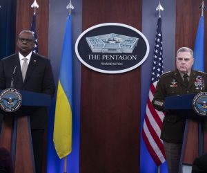 epa10308912 US Secretary of Defense Lloyd Austin (L) and US Chairman of the Joint Chiefs of Staff Mark Milley (R) participate in a news conference at the Pentagon in Arlington, Virginia, USA, 16 November 2022. Secretary of Defense Austin and Chairman of the Joint Chiefs of Staff Mark Milley faced questions regarding the situation of Russia's invasion of Ukraine and a rocket explosion in Poland.  EPA/MICHAEL REYNOLDS
